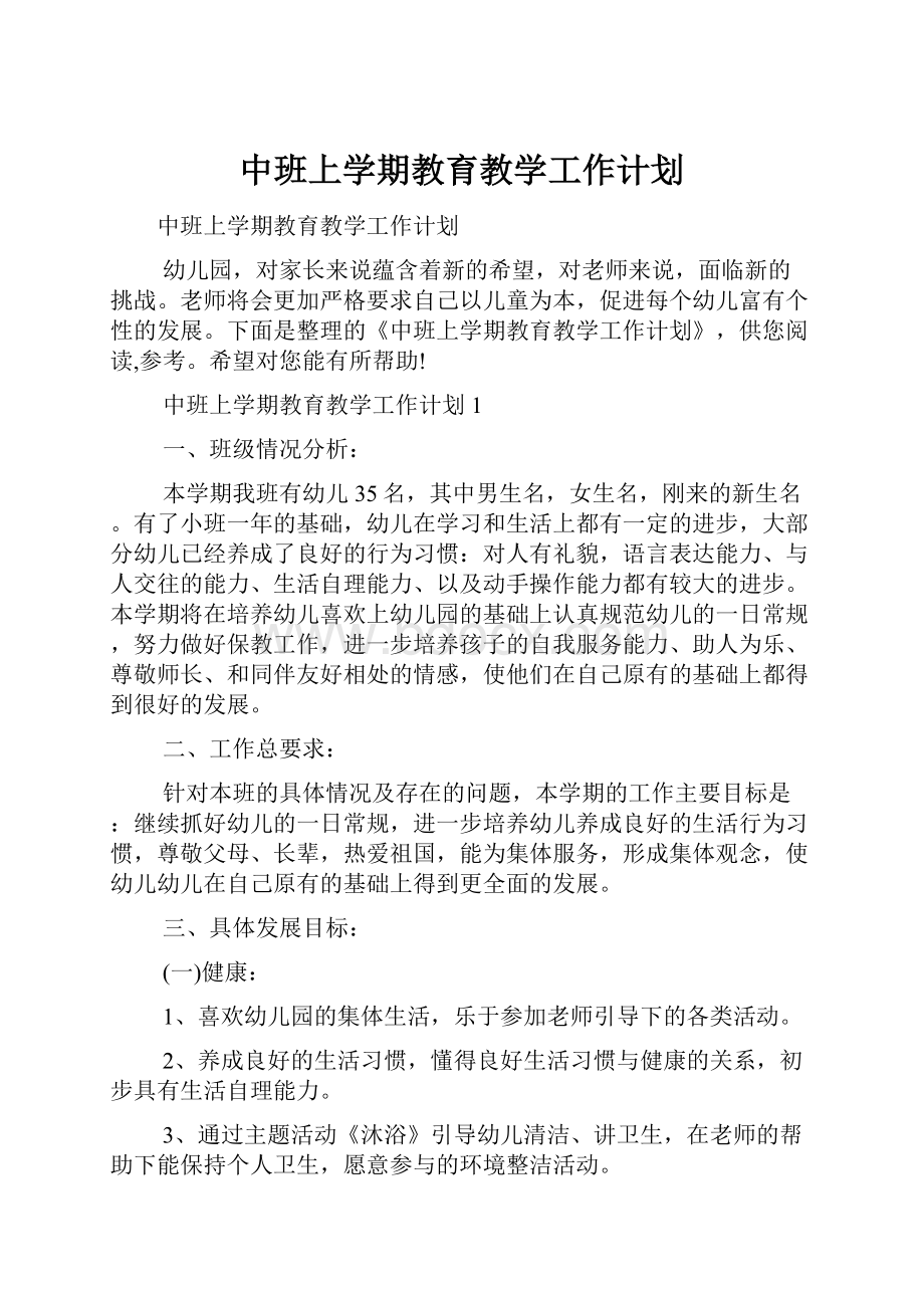 中班上学期教育教学工作计划.docx