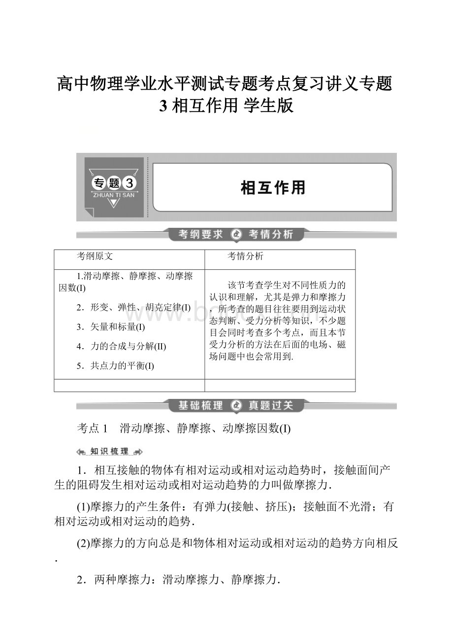 高中物理学业水平测试专题考点复习讲义专题3 相互作用 学生版.docx_第1页