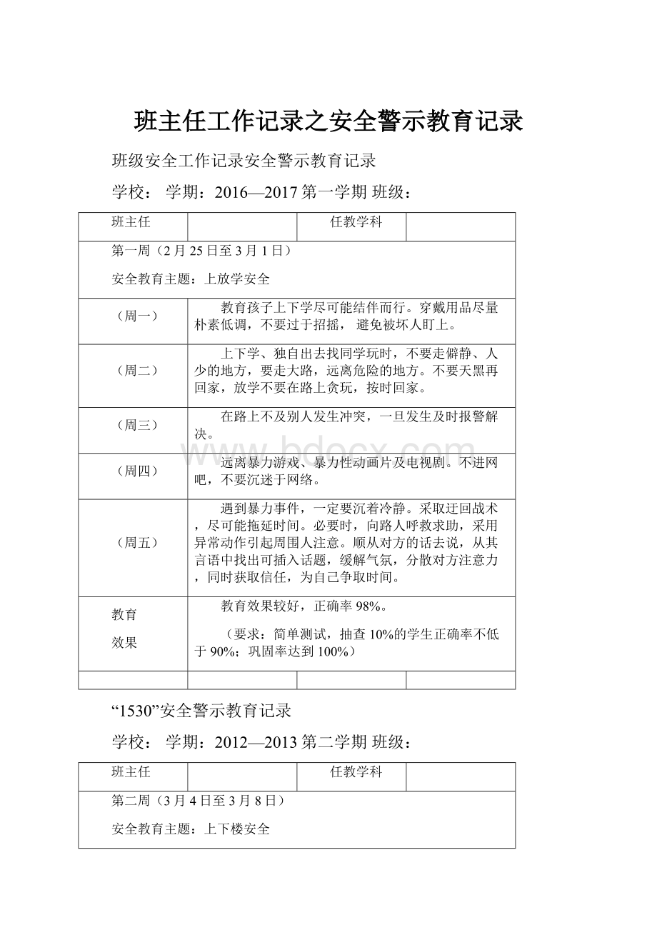 班主任工作记录之安全警示教育记录.docx