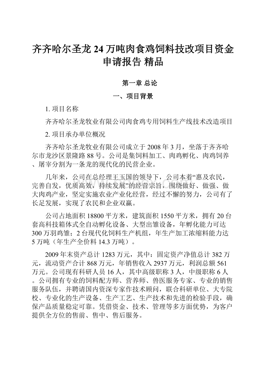 齐齐哈尔圣龙24万吨肉食鸡饲料技改项目资金申请报告 精品.docx_第1页