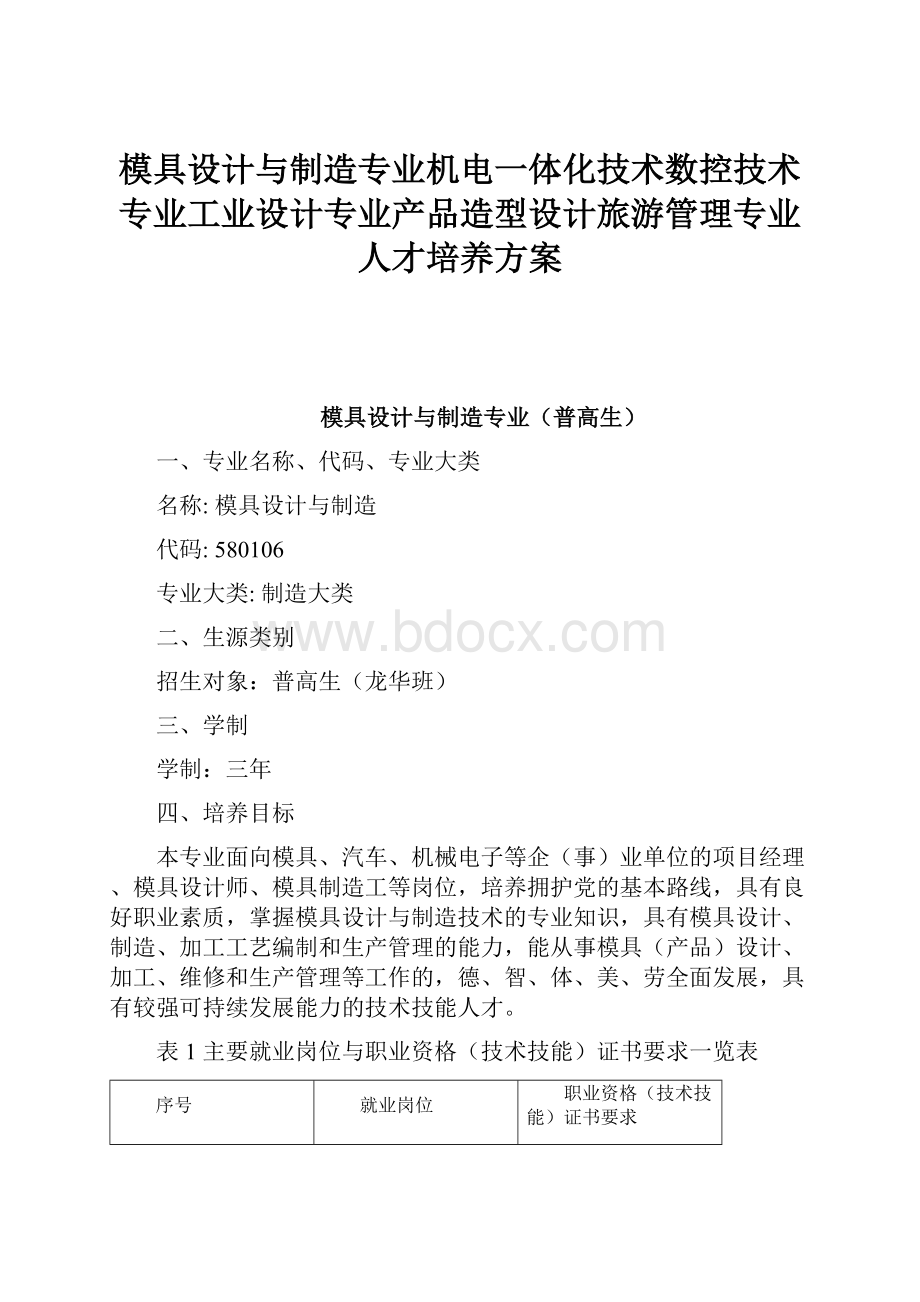 模具设计与制造专业机电一体化技术数控技术专业工业设计专业产品造型设计旅游管理专业人才培养方案.docx