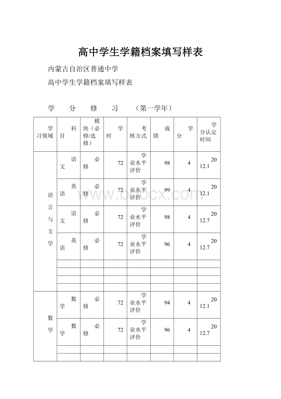 高中学生学籍档案填写样表.docx