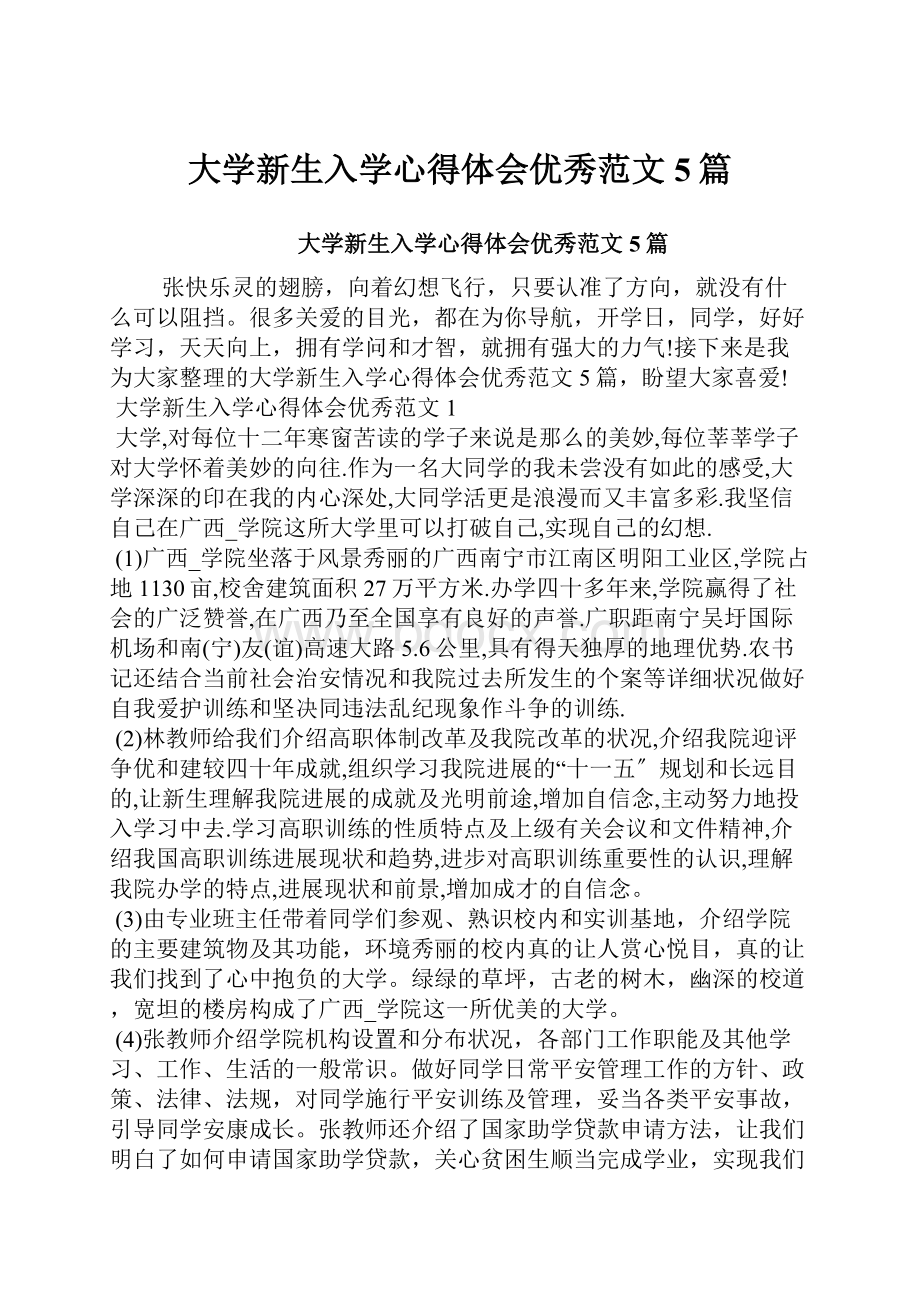 大学新生入学心得体会优秀范文5篇.docx