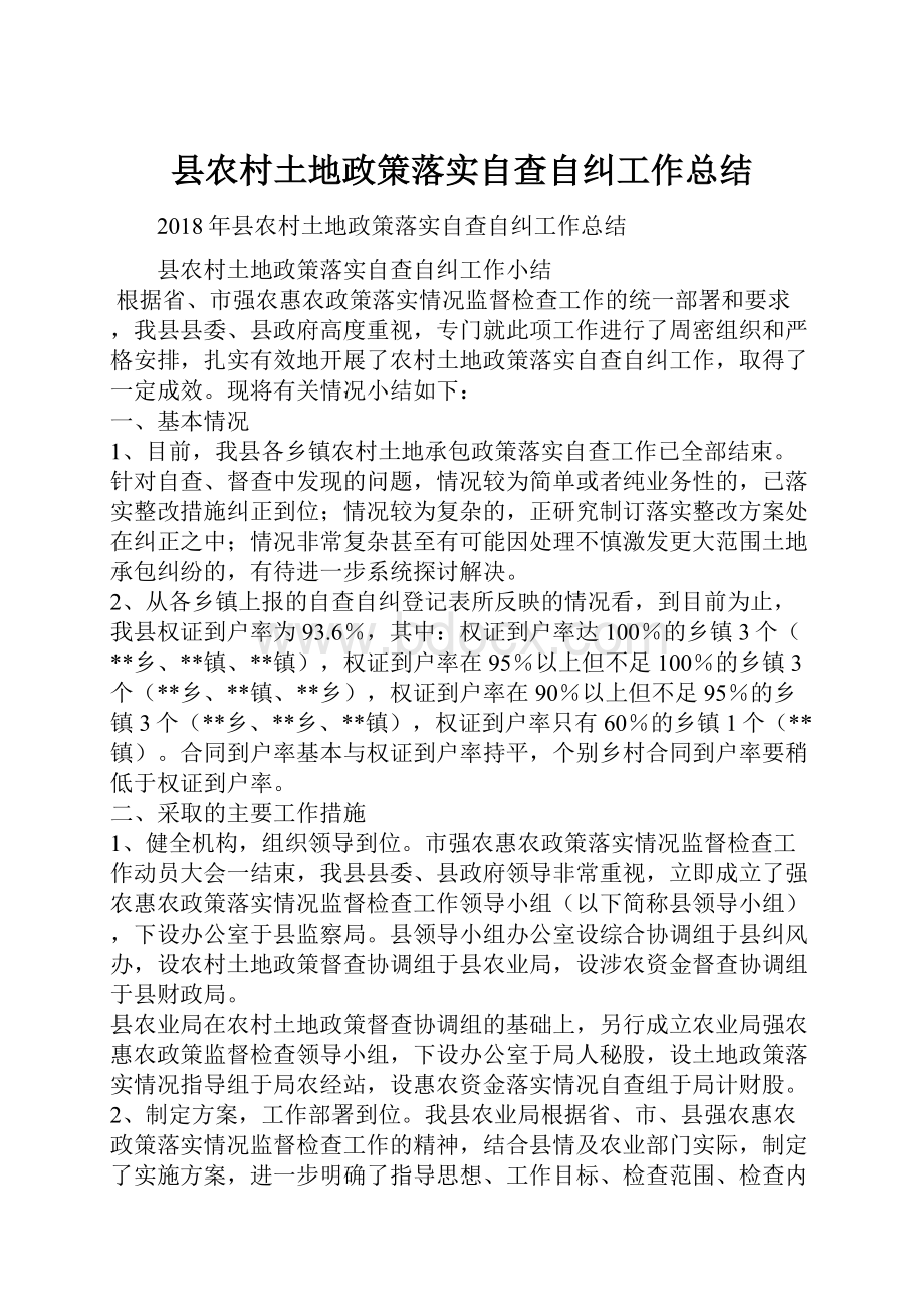 县农村土地政策落实自查自纠工作总结.docx_第1页