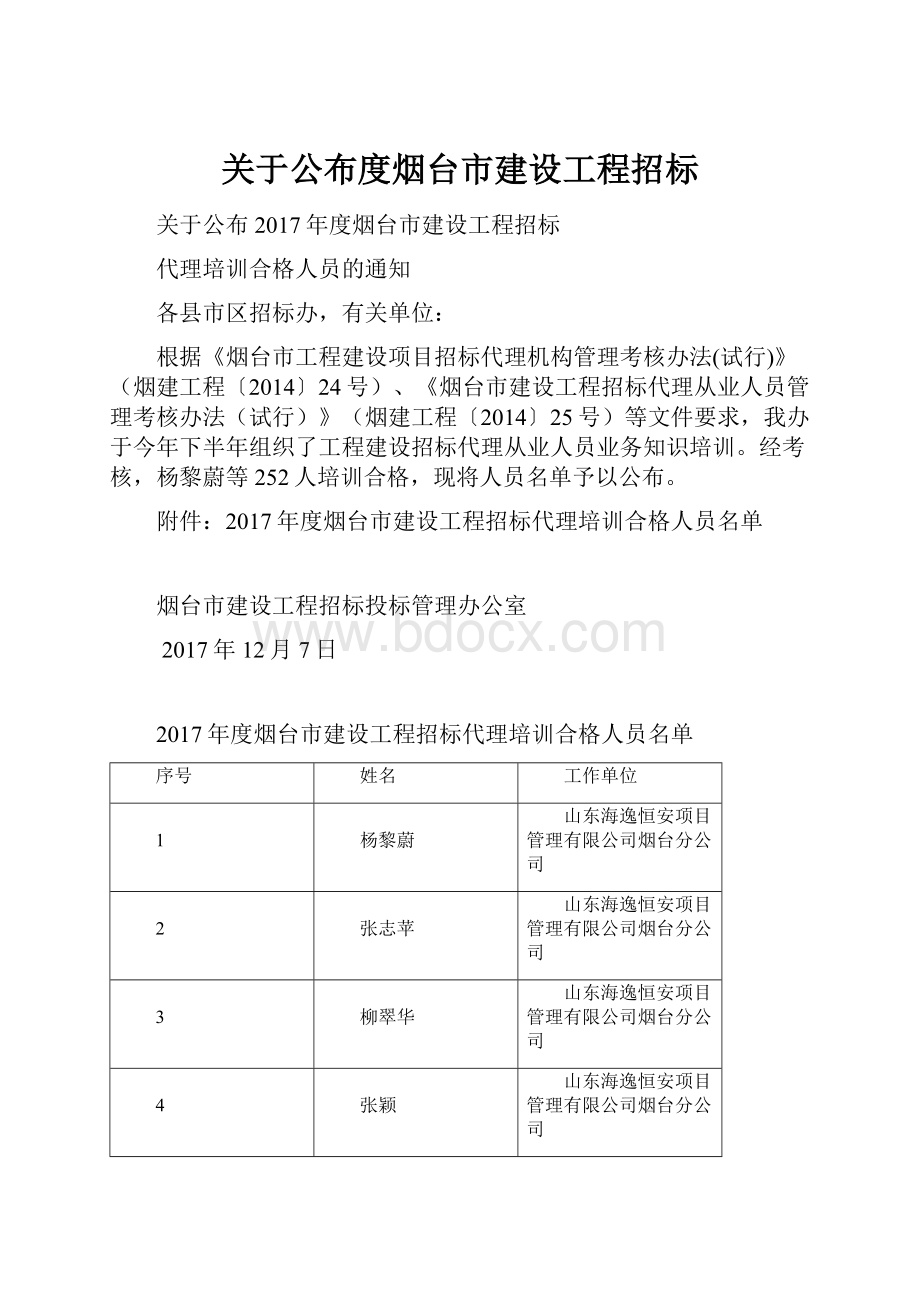 关于公布度烟台市建设工程招标.docx