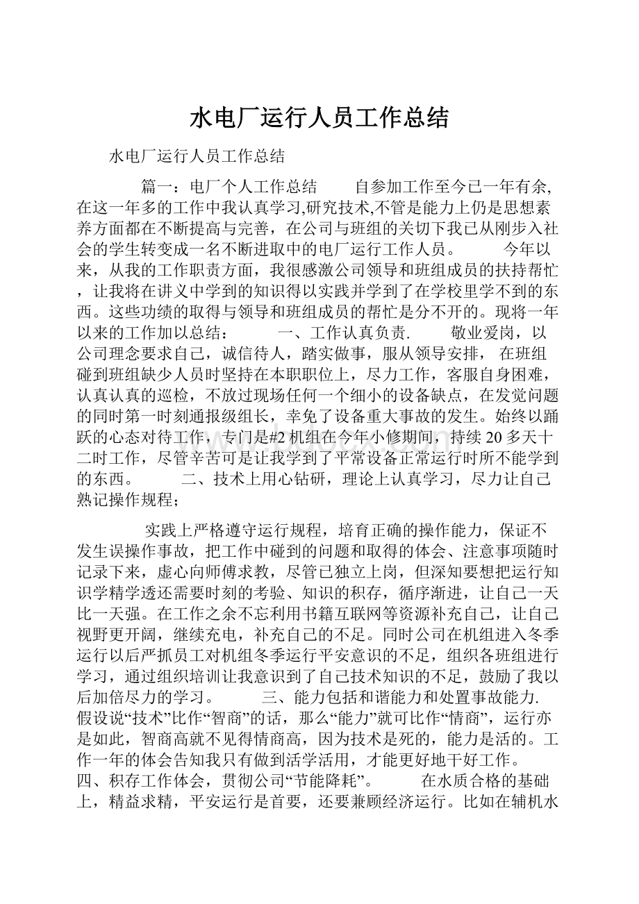 水电厂运行人员工作总结.docx