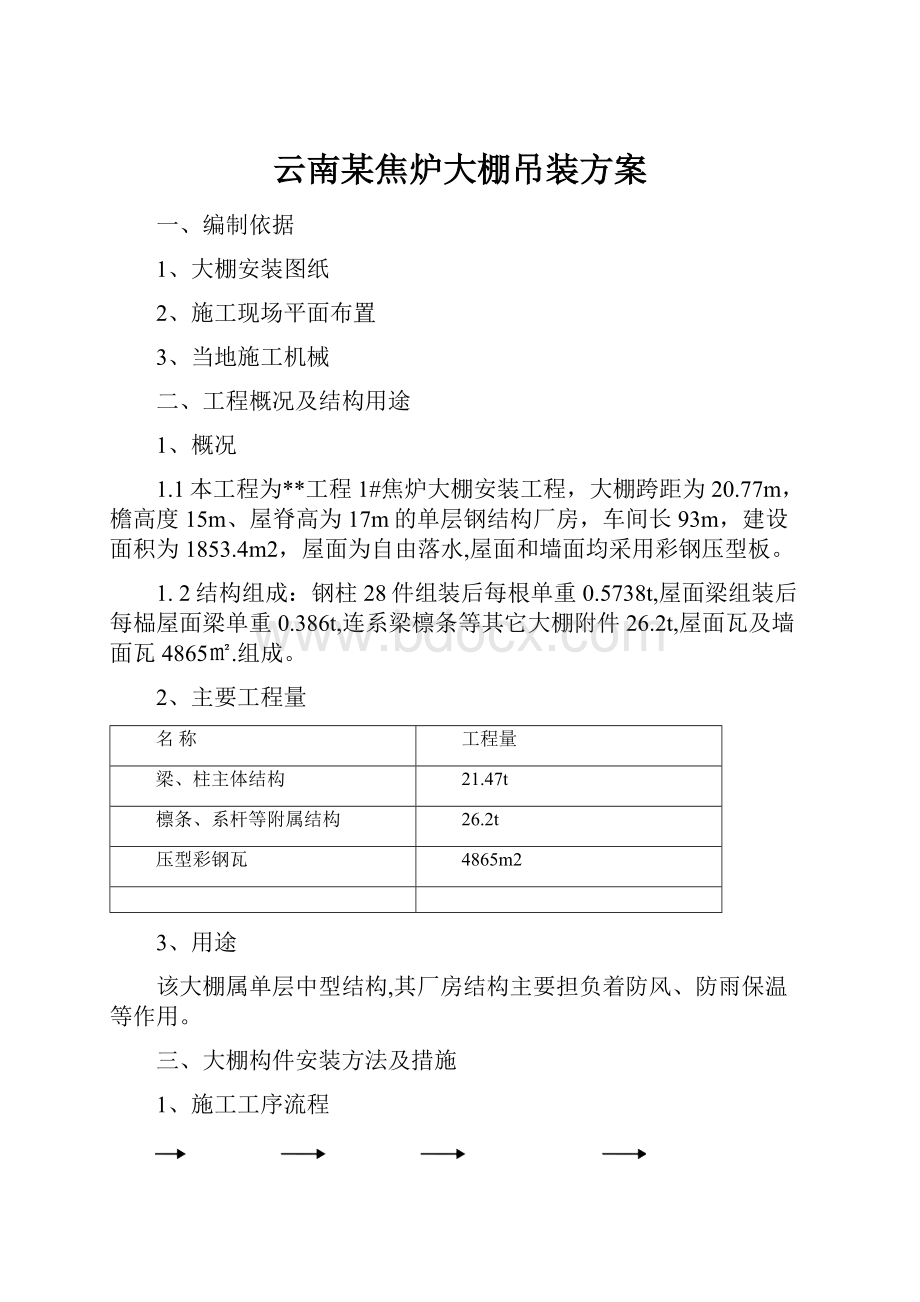 云南某焦炉大棚吊装方案.docx_第1页