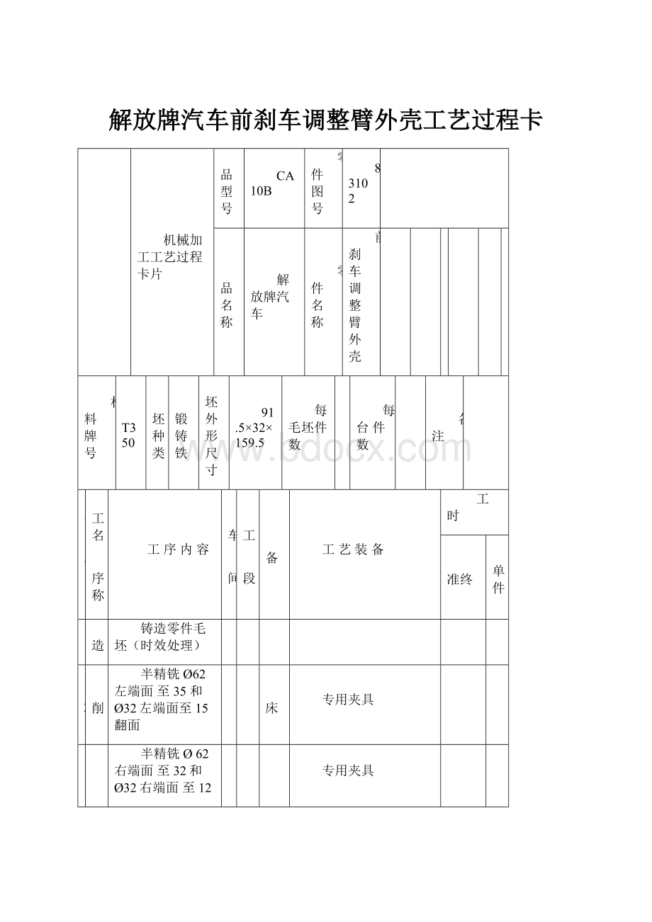 解放牌汽车前刹车调整臂外壳工艺过程卡.docx_第1页