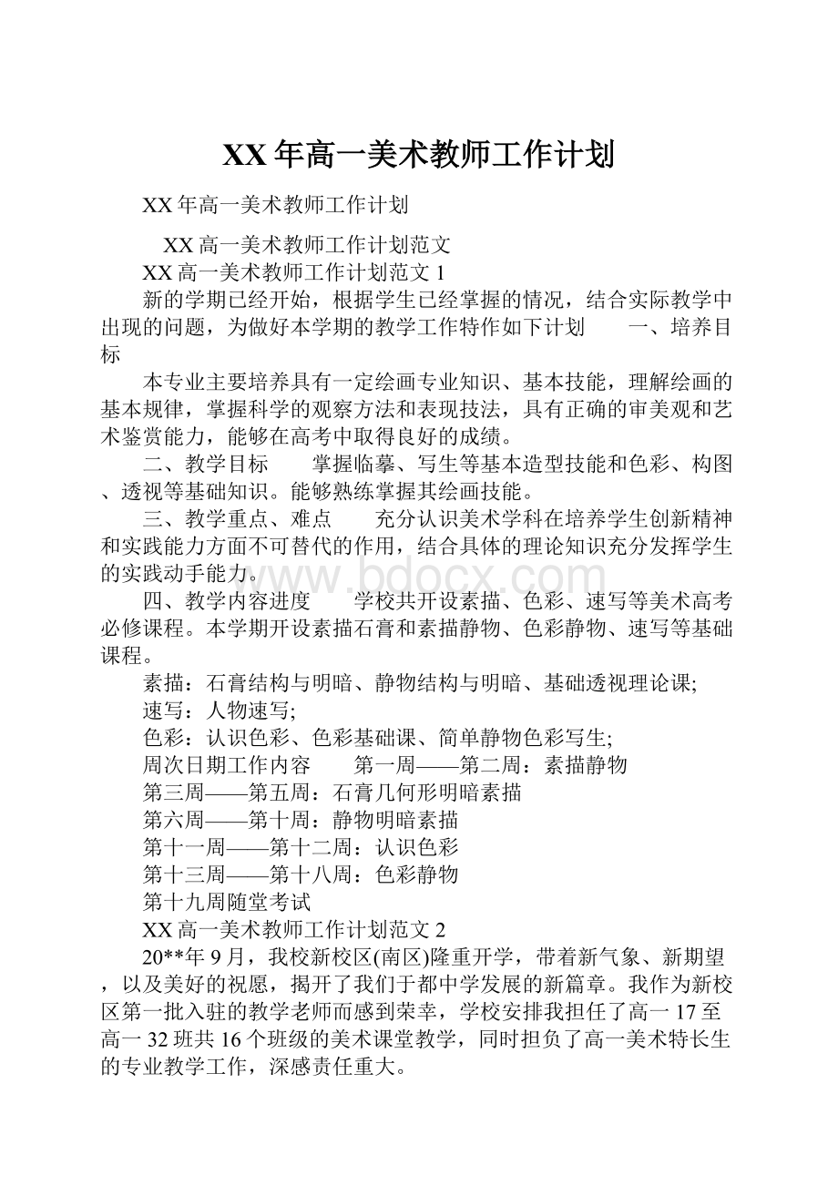 XX年高一美术教师工作计划.docx