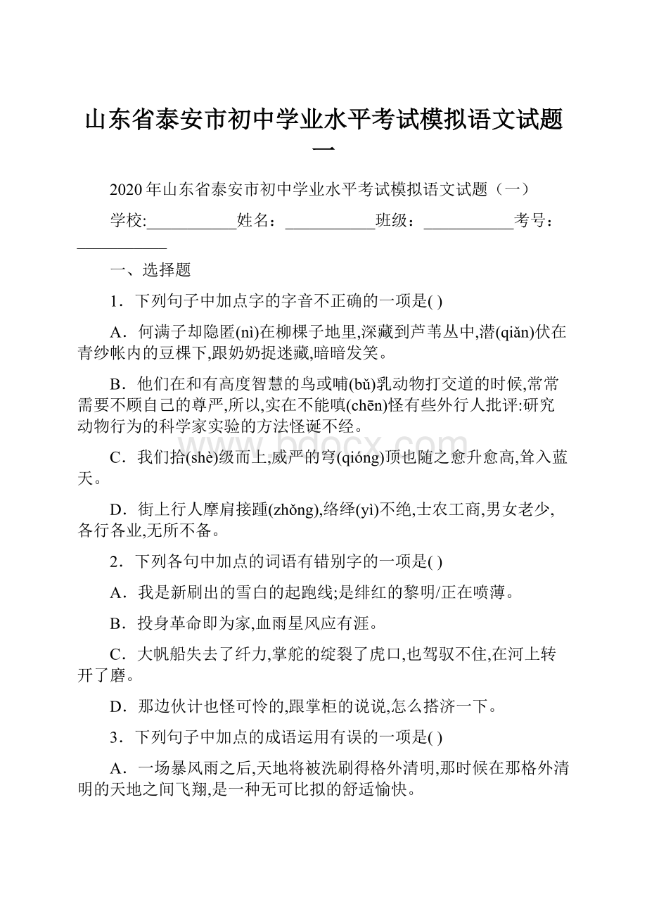 山东省泰安市初中学业水平考试模拟语文试题一.docx