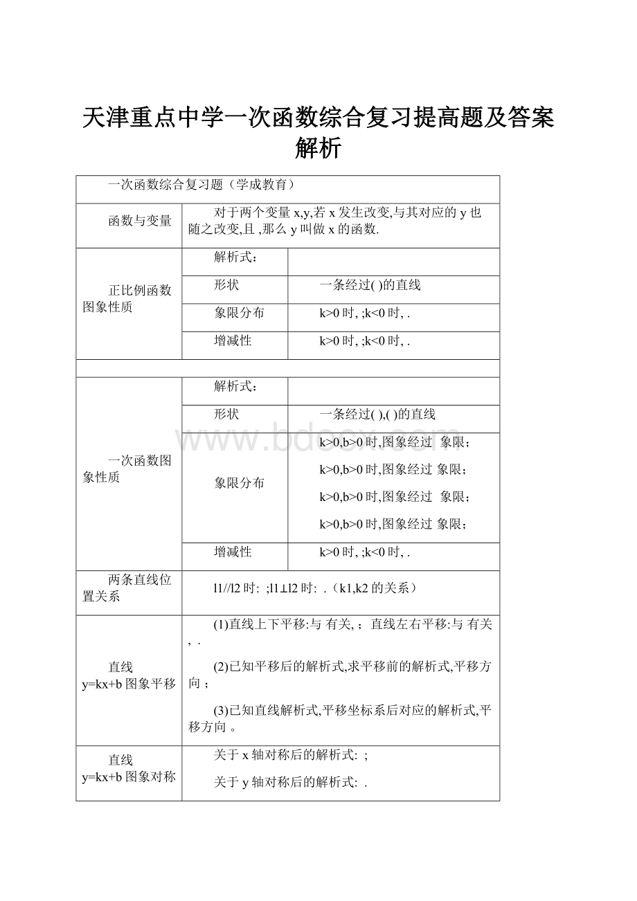 天津重点中学一次函数综合复习提高题及答案解析.docx