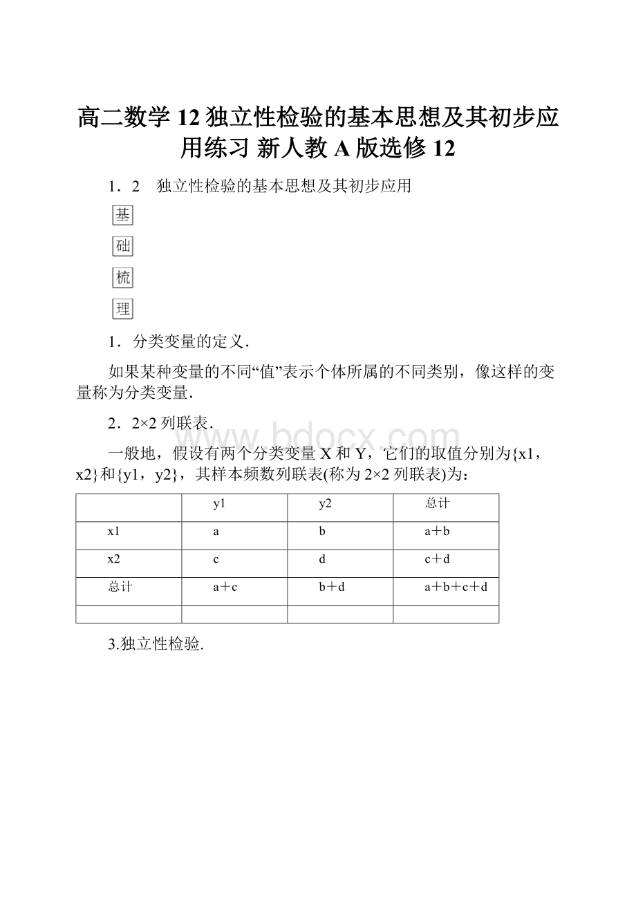 高二数学 12独立性检验的基本思想及其初步应用练习 新人教A版选修12.docx_第1页