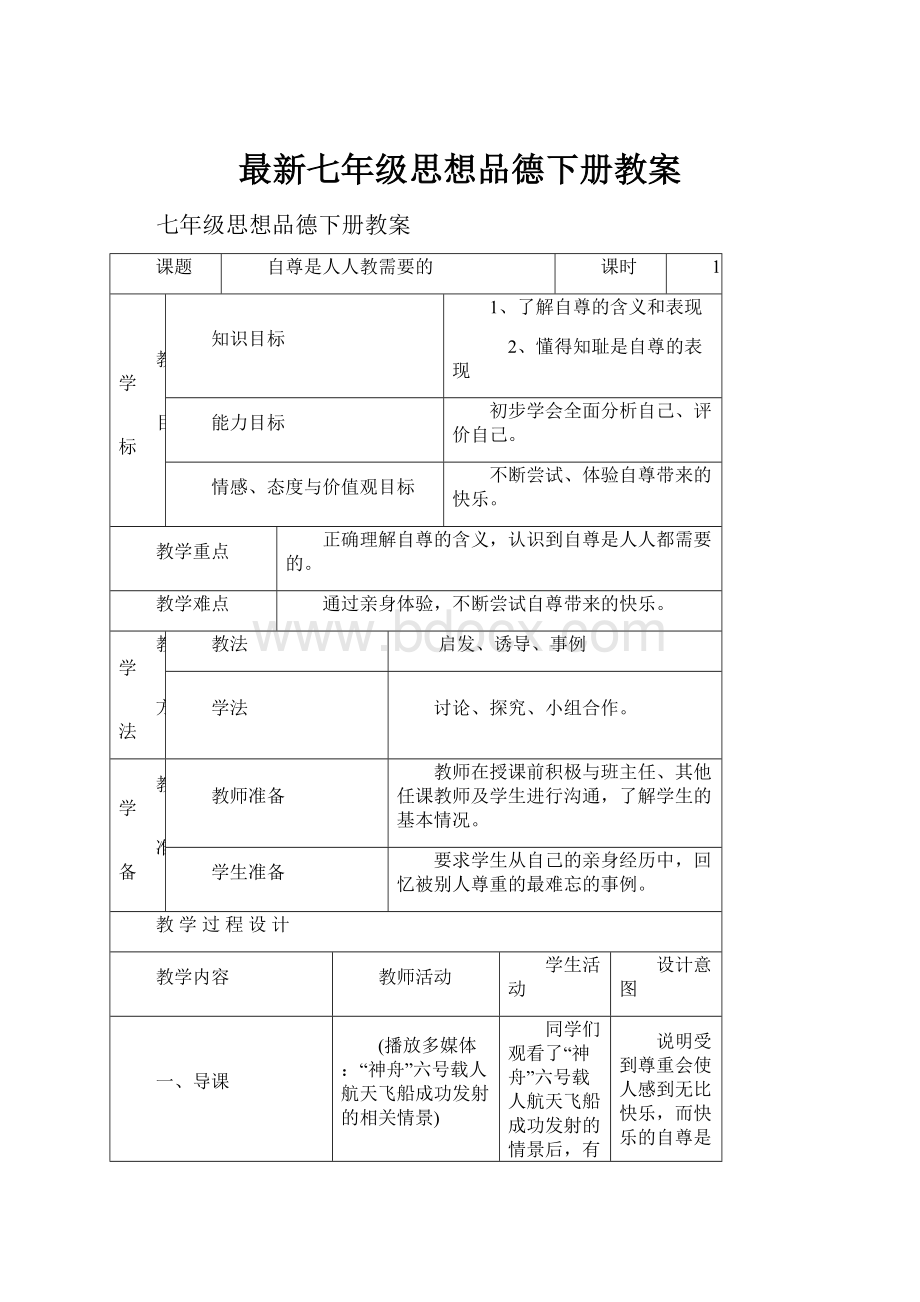 最新七年级思想品德下册教案.docx