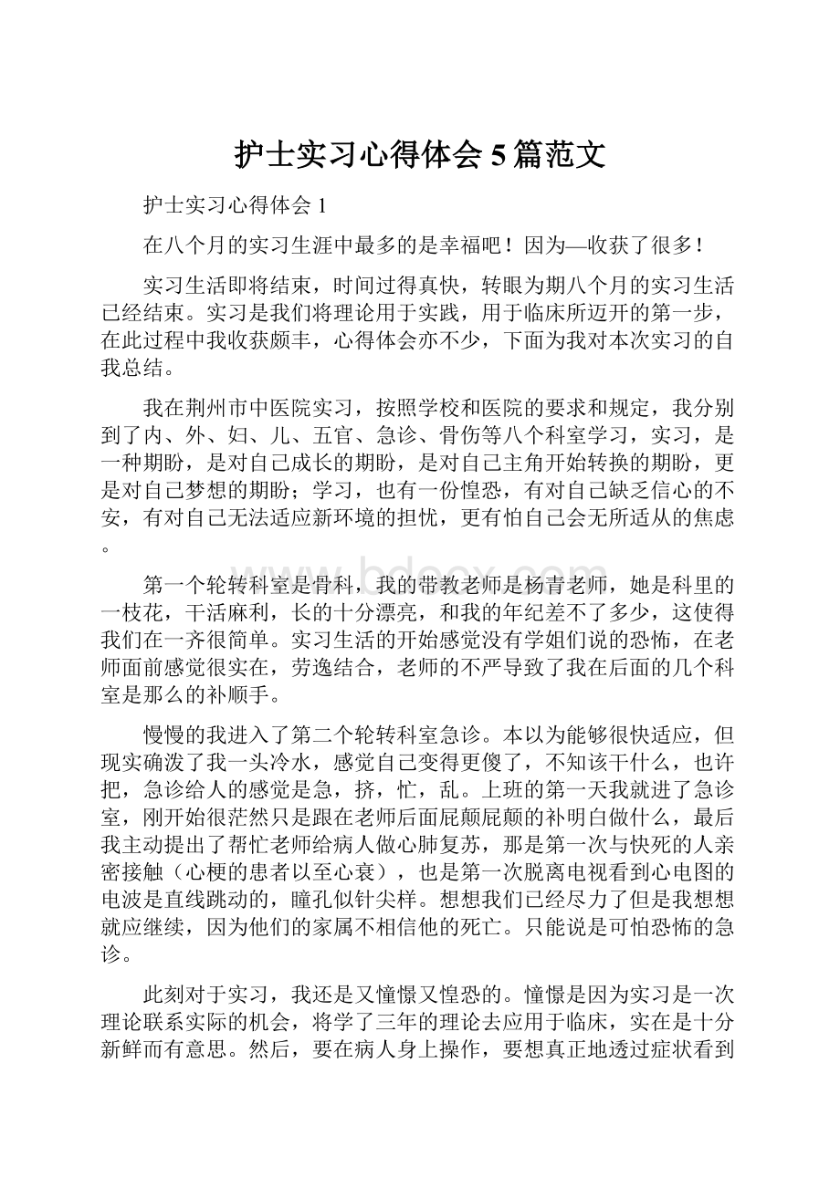 护士实习心得体会5篇范文.docx_第1页