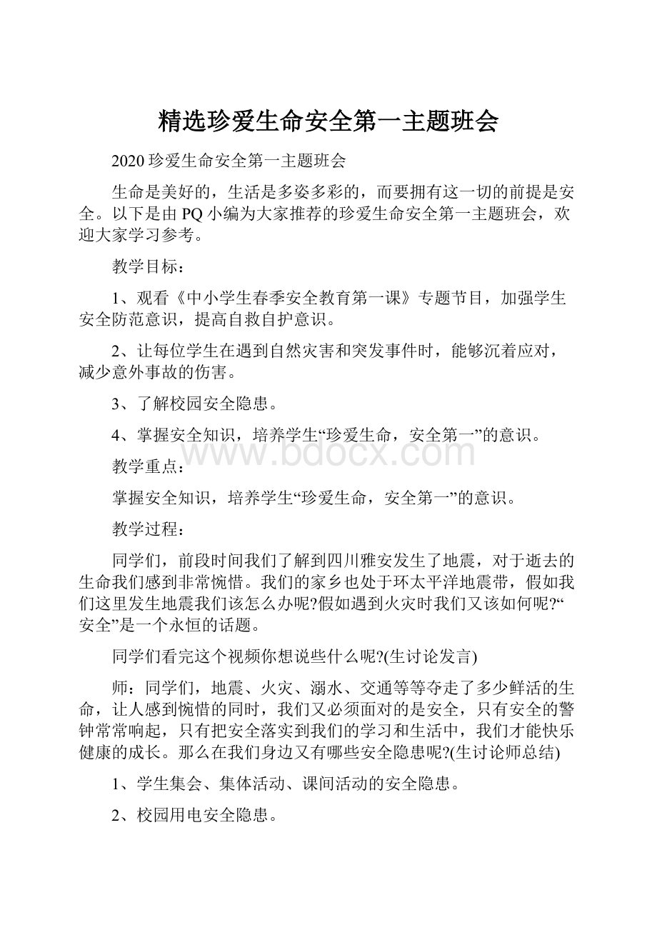 精选珍爱生命安全第一主题班会.docx_第1页