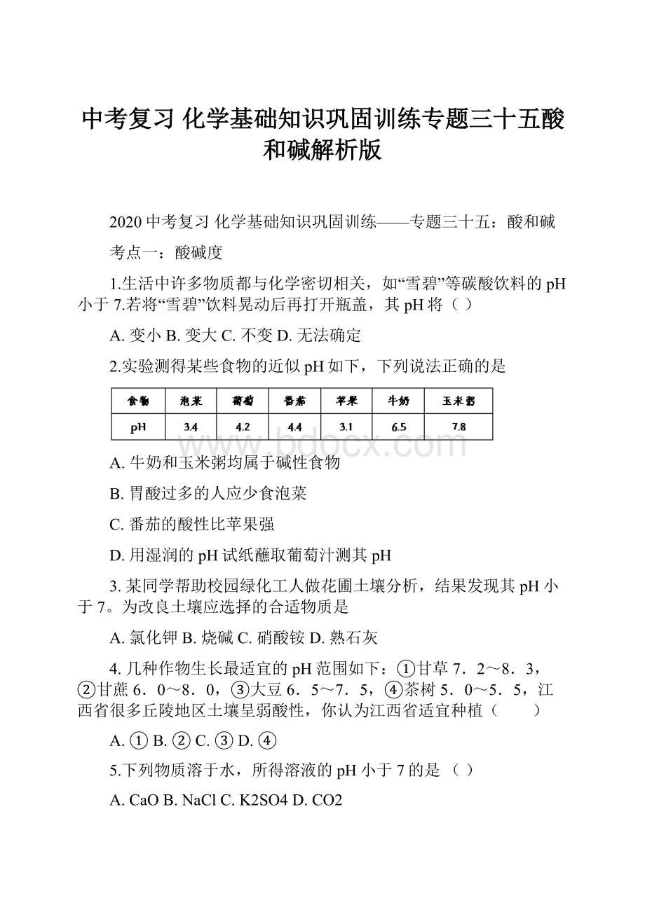 中考复习 化学基础知识巩固训练专题三十五酸和碱解析版.docx_第1页