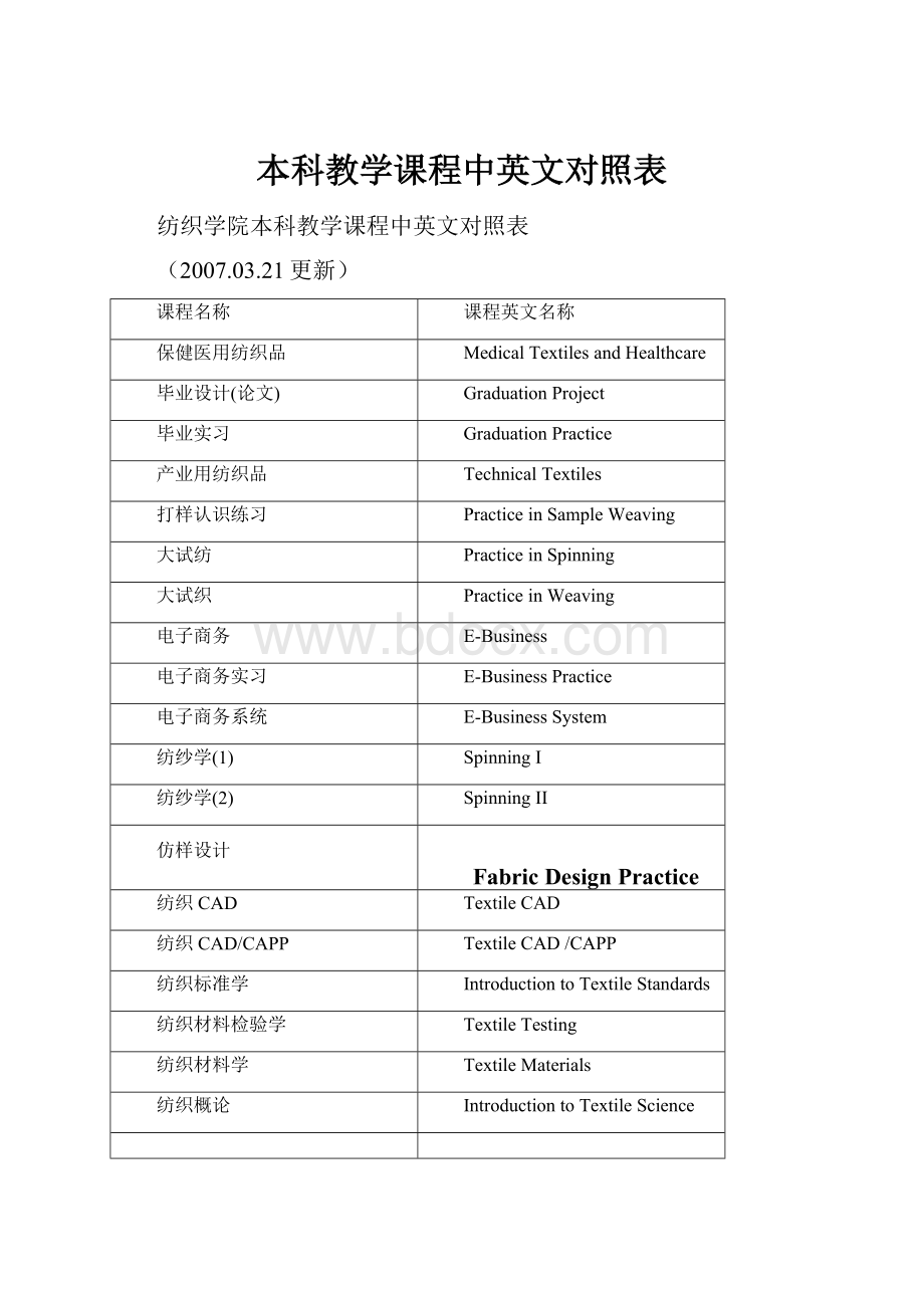 本科教学课程中英文对照表.docx