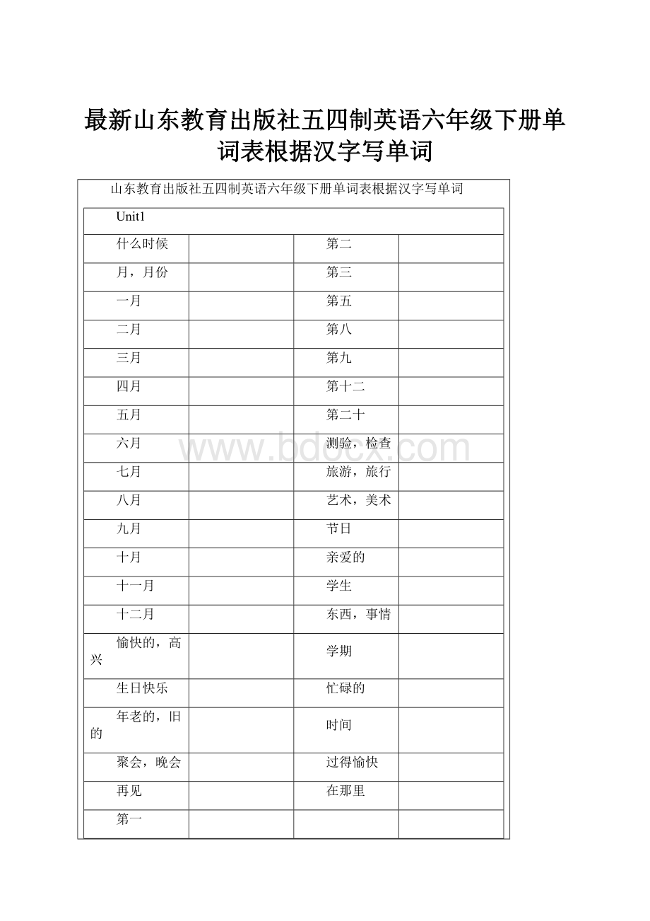 最新山东教育出版社五四制英语六年级下册单词表根据汉字写单词.docx