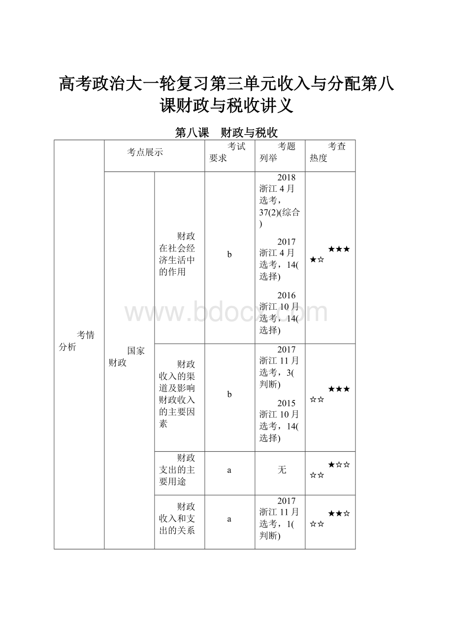 高考政治大一轮复习第三单元收入与分配第八课财政与税收讲义.docx_第1页