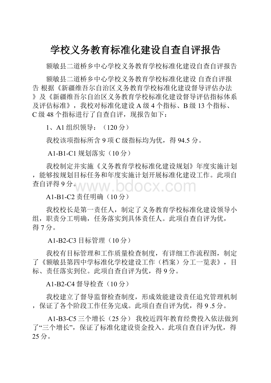 学校义务教育标准化建设自查自评报告.docx