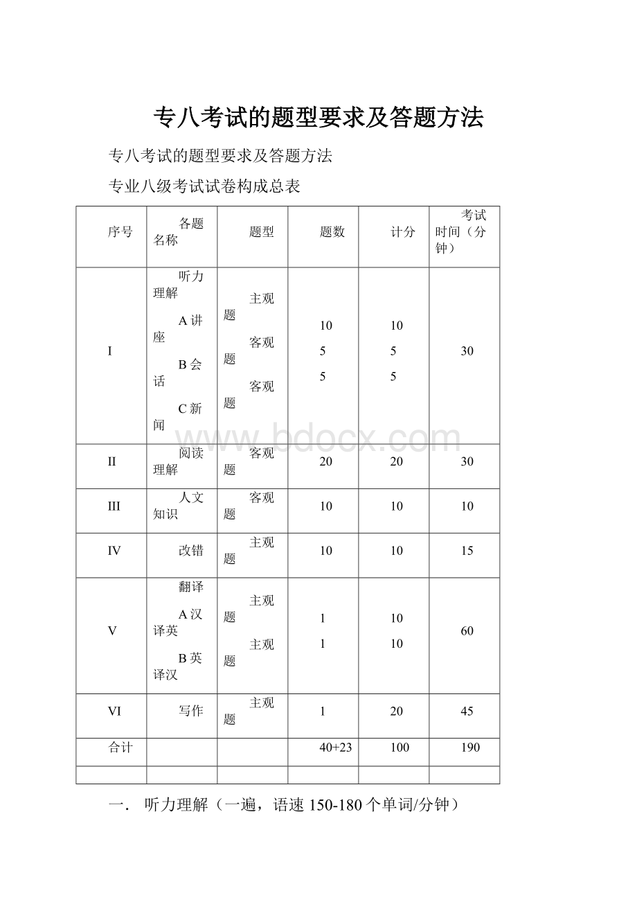 专八考试的题型要求及答题方法.docx