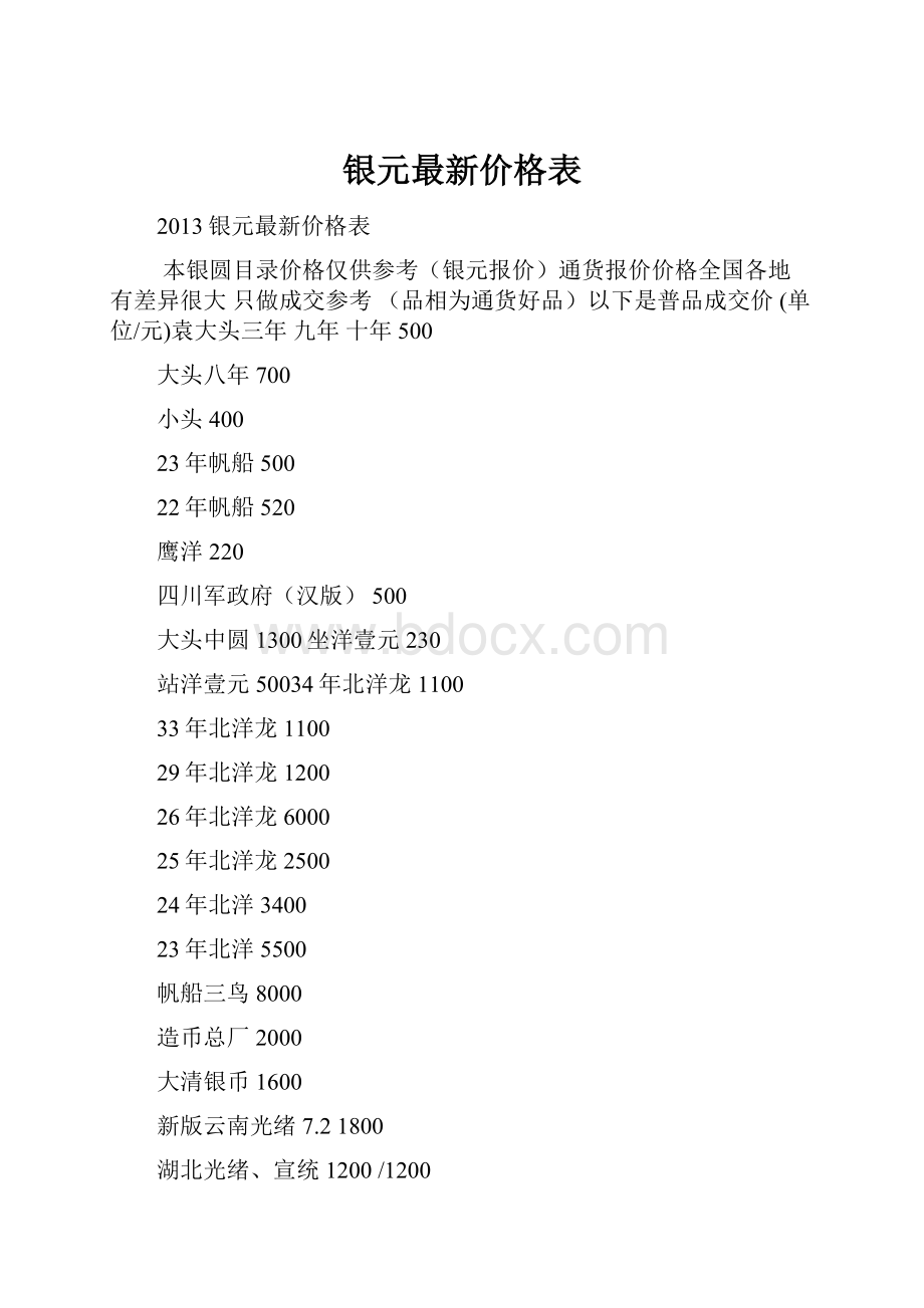 银元最新价格表.docx