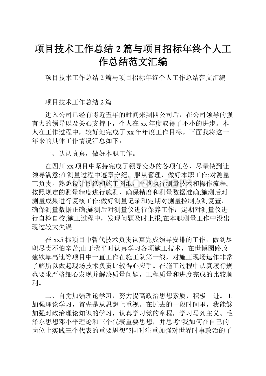 项目技术工作总结2篇与项目招标年终个人工作总结范文汇编.docx