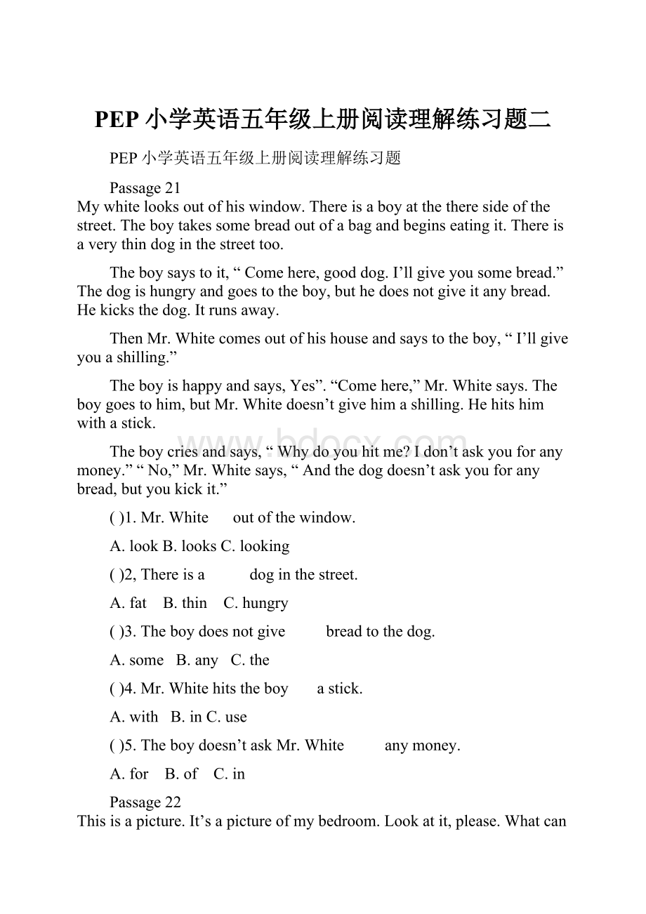 PEP小学英语五年级上册阅读理解练习题二.docx