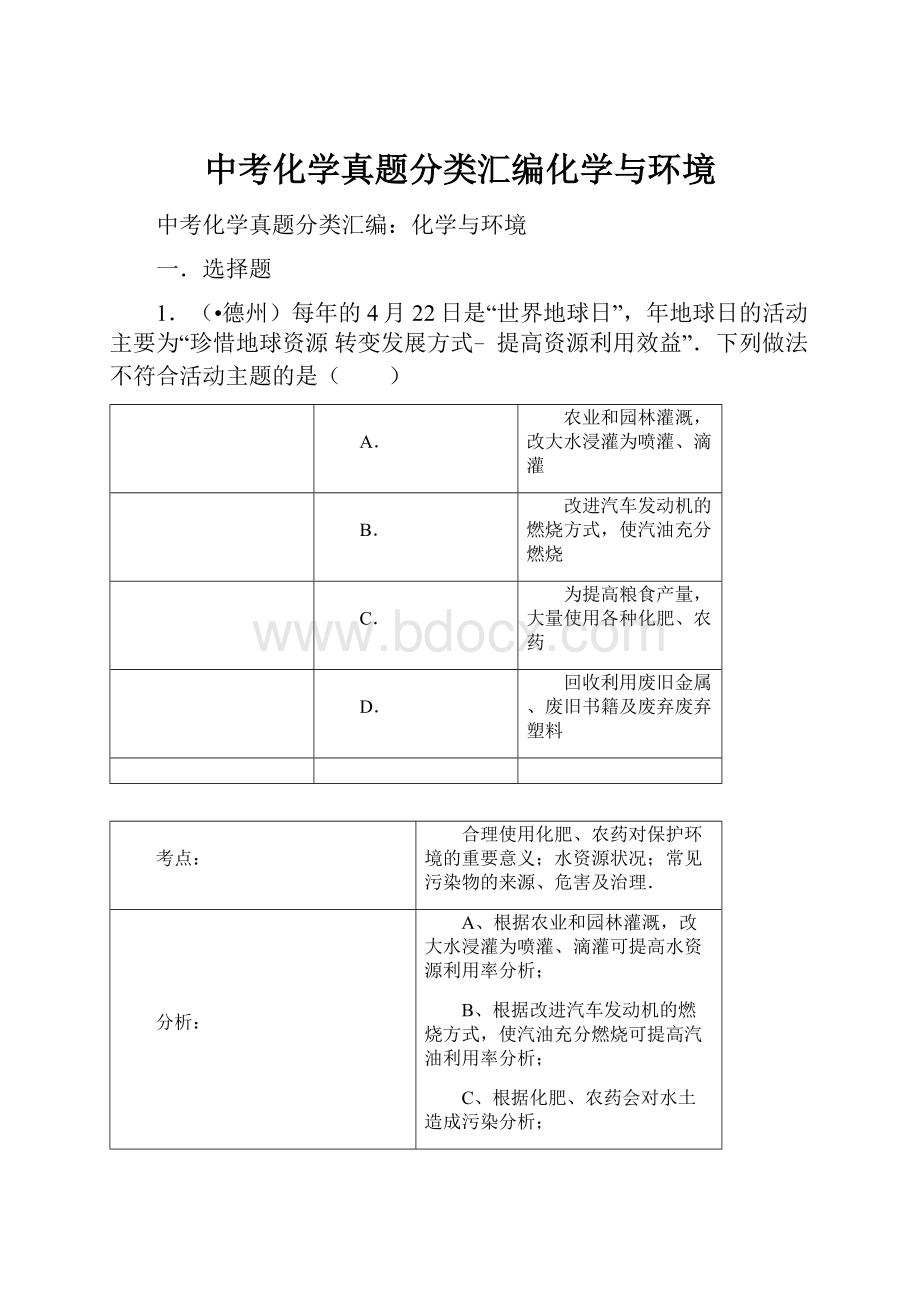 中考化学真题分类汇编化学与环境.docx_第1页