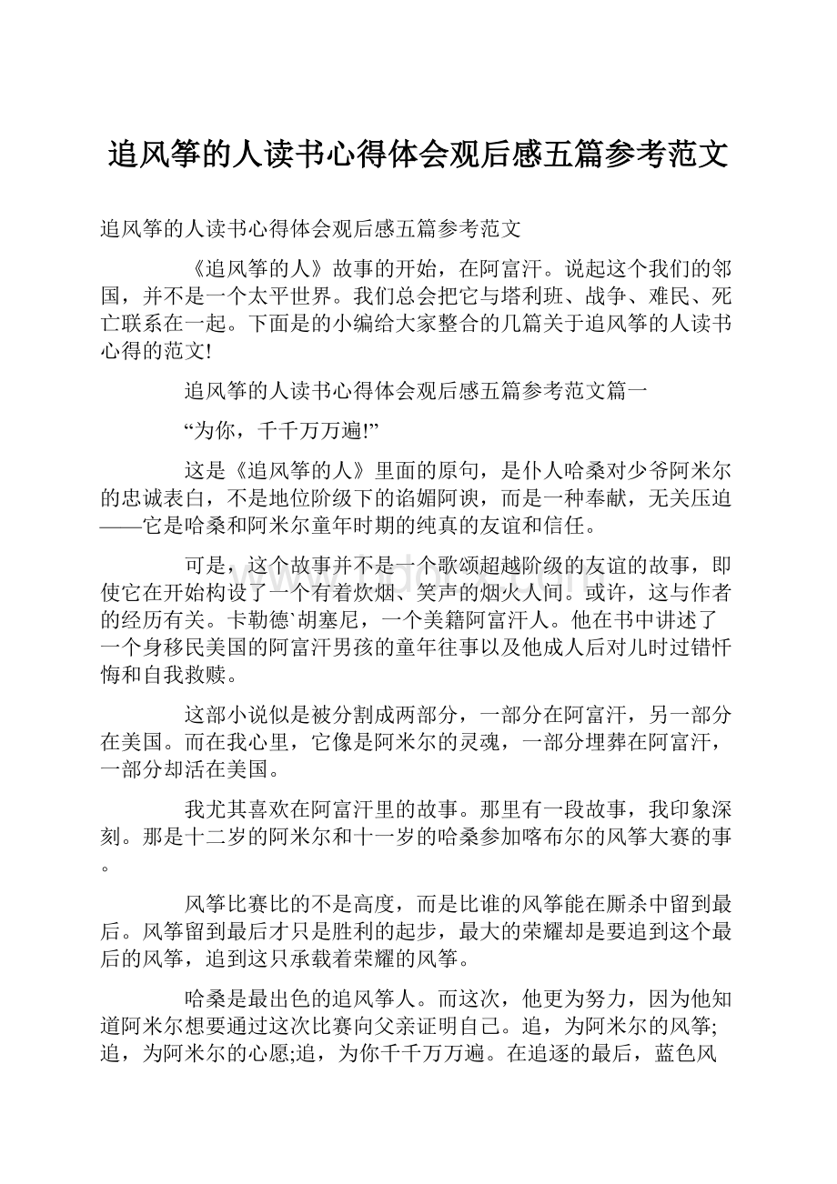 追风筝的人读书心得体会观后感五篇参考范文.docx