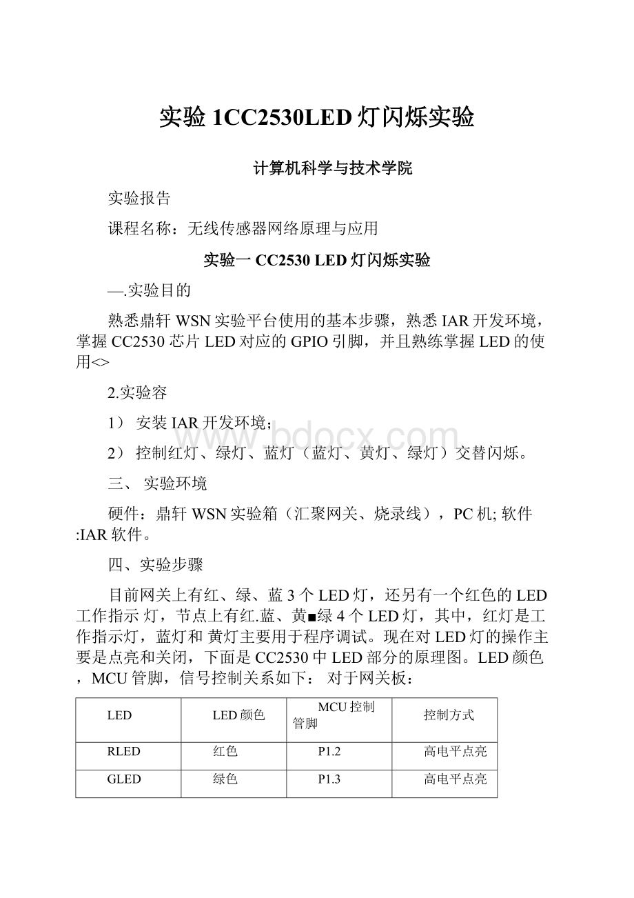 实验1CC2530LED灯闪烁实验.docx_第1页