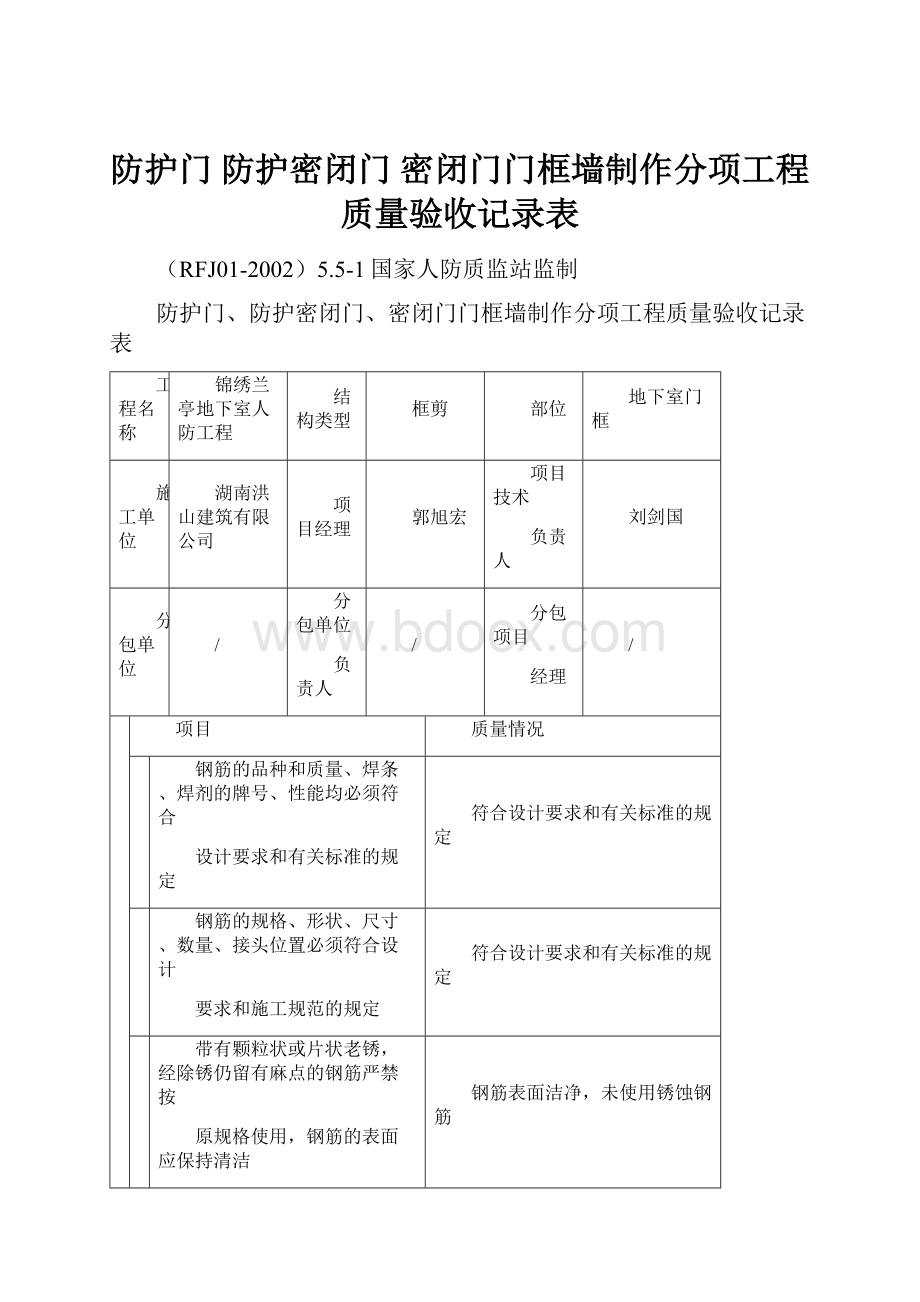 防护门 防护密闭门 密闭门门框墙制作分项工程质量验收记录表.docx