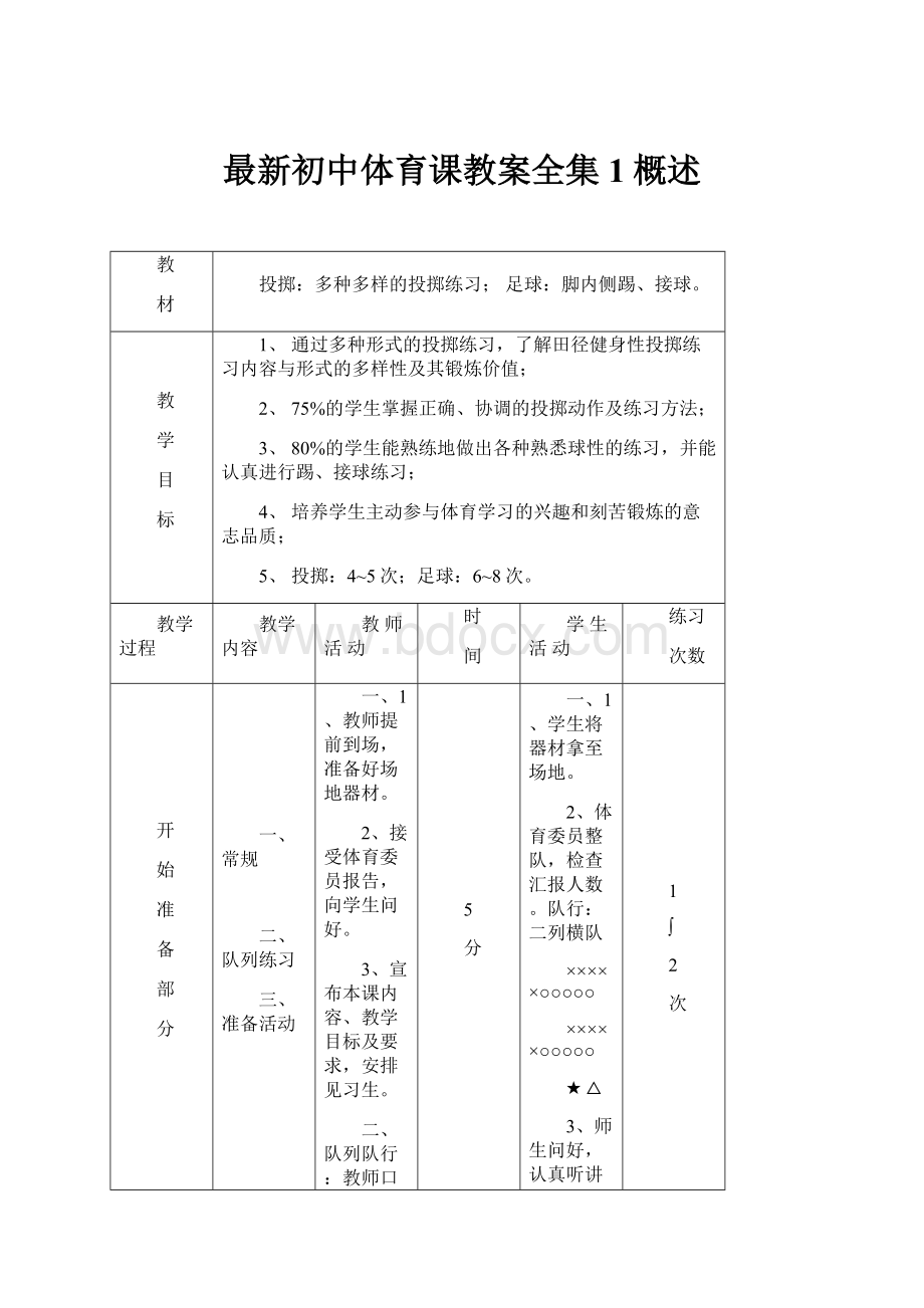 最新初中体育课教案全集 1概述.docx_第1页