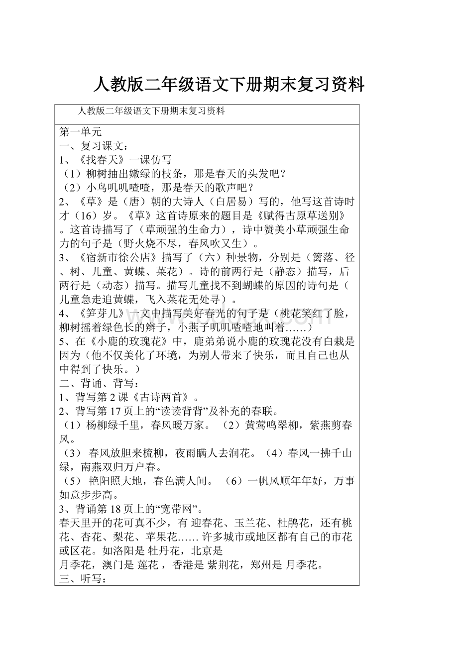 人教版二年级语文下册期末复习资料.docx_第1页