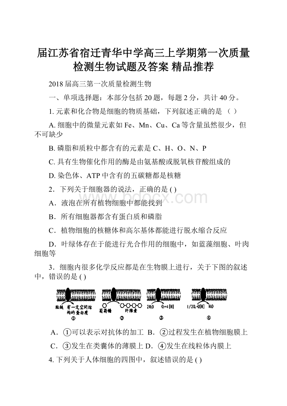 届江苏省宿迁青华中学高三上学期第一次质量检测生物试题及答案精品推荐.docx