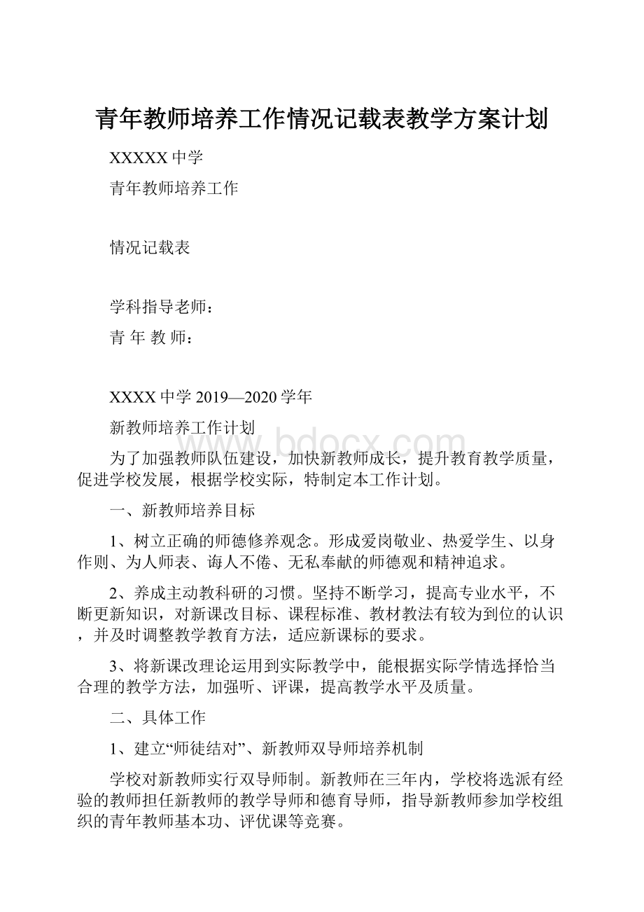 青年教师培养工作情况记载表教学方案计划.docx