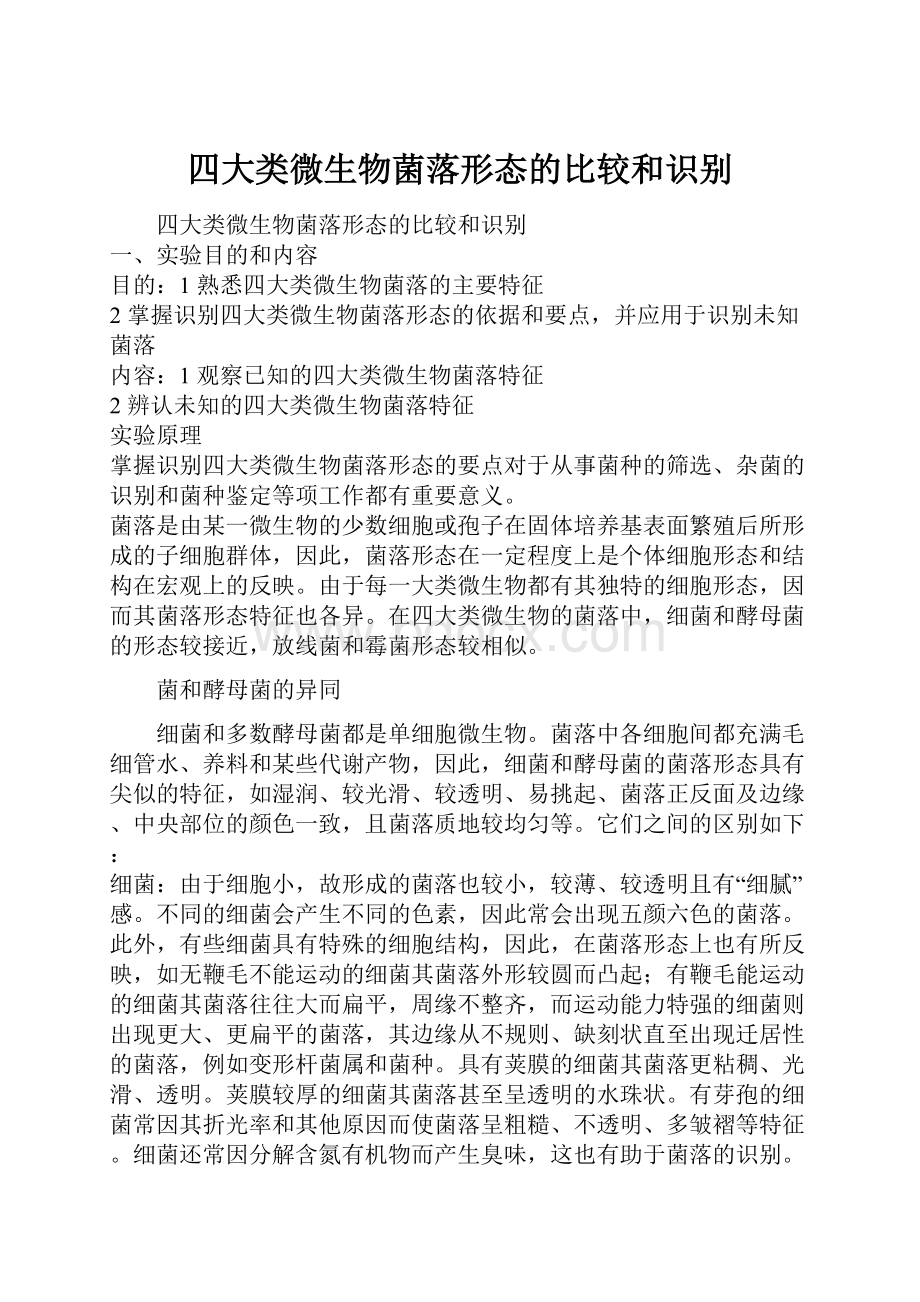 四大类微生物菌落形态的比较和识别.docx_第1页