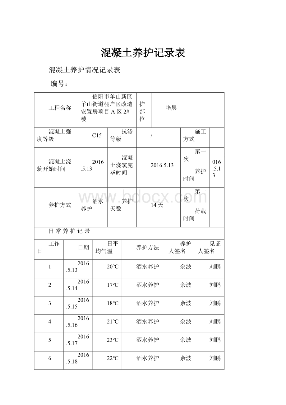 混凝土养护记录表.docx_第1页