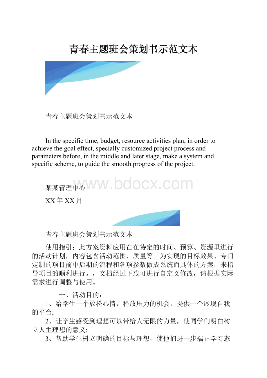 青春主题班会策划书示范文本.docx