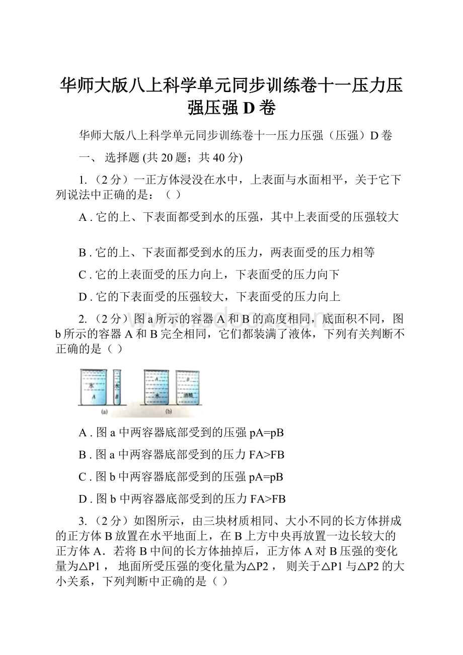 华师大版八上科学单元同步训练卷十一压力压强压强D卷.docx