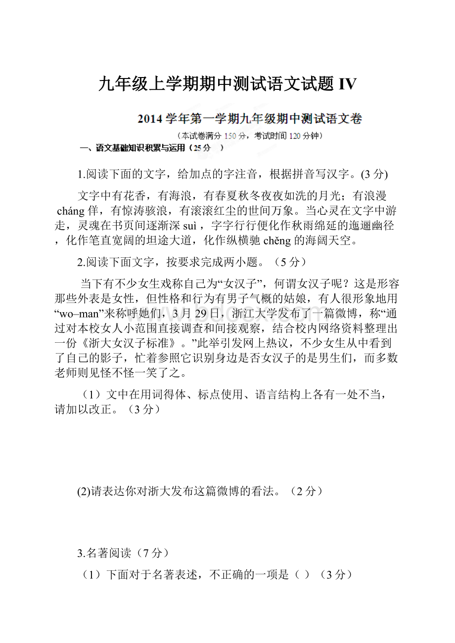 九年级上学期期中测试语文试题IV.docx