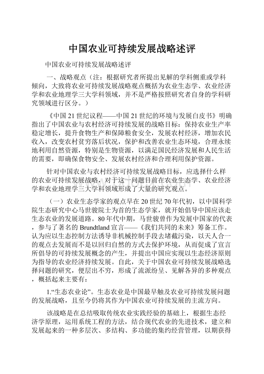 中国农业可持续发展战略述评.docx