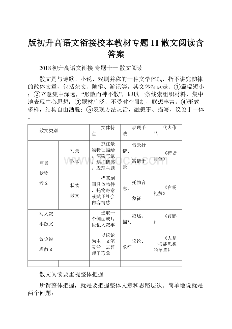 版初升高语文衔接校本教材专题11散文阅读含答案.docx_第1页