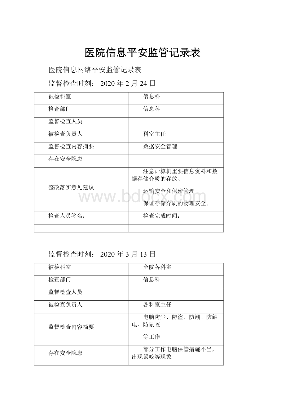 医院信息平安监管记录表.docx_第1页