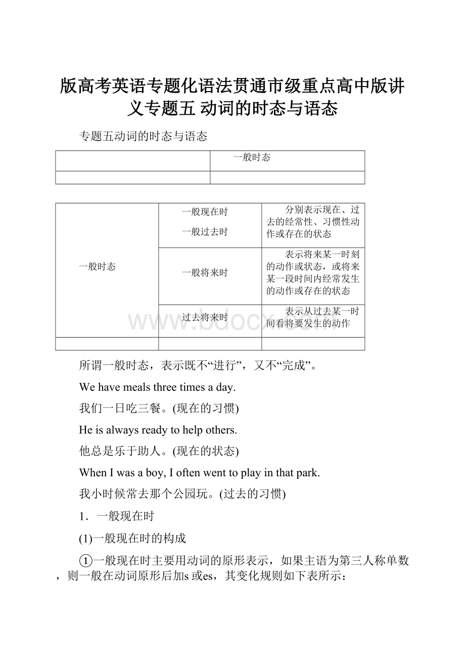 版高考英语专题化语法贯通市级重点高中版讲义专题五 动词的时态与语态.docx_第1页