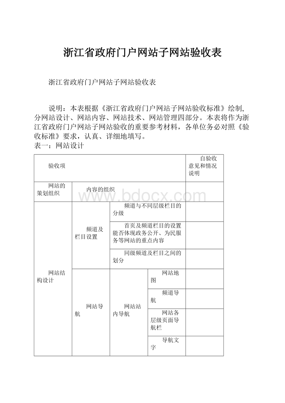 浙江省政府门户网站子网站验收表.docx