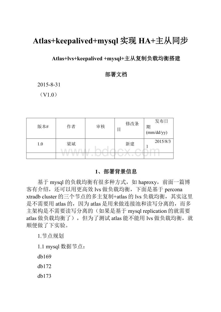 Atlas+keepalived+mysql实现HA+主从同步.docx