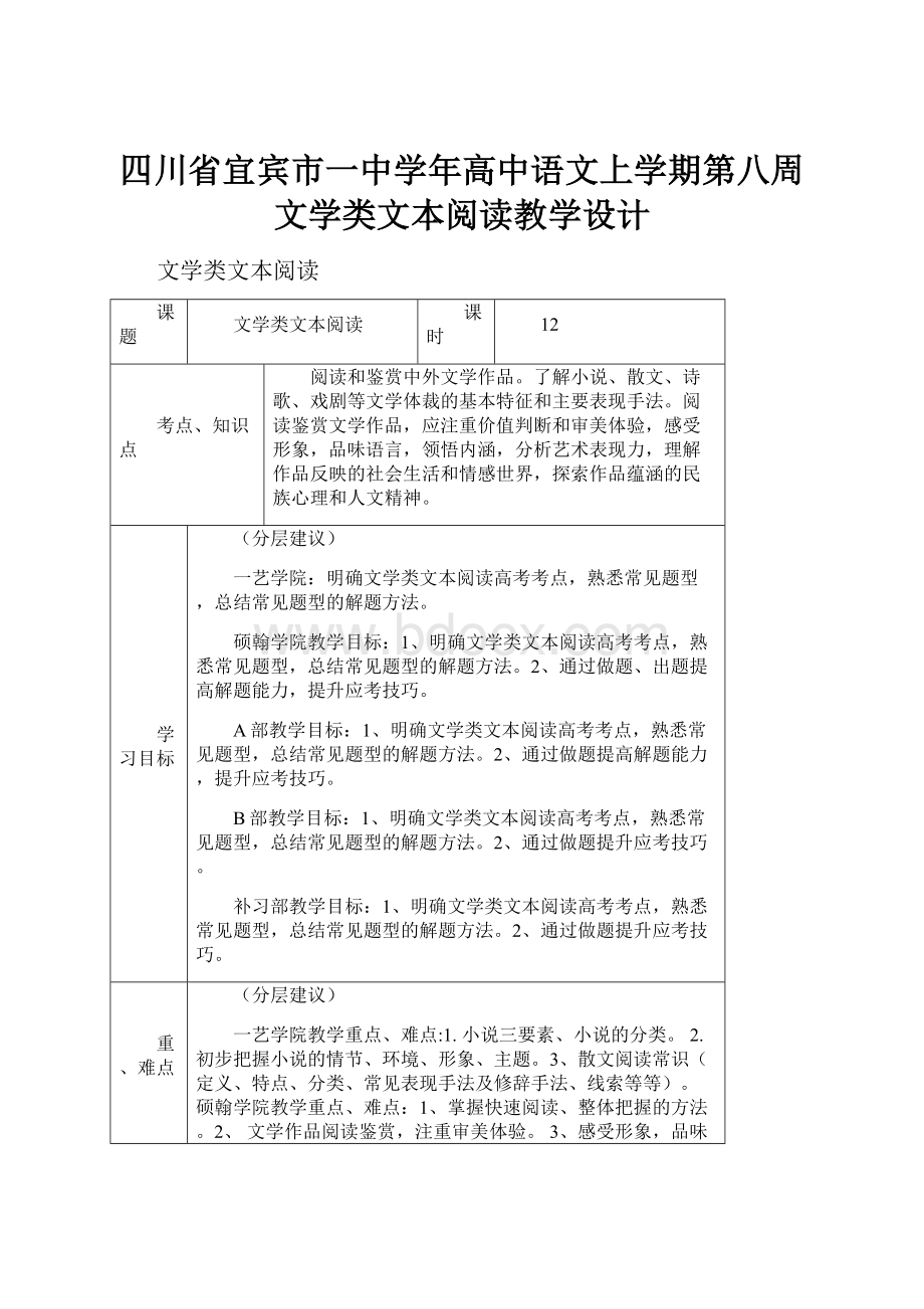 四川省宜宾市一中学年高中语文上学期第八周 文学类文本阅读教学设计.docx_第1页