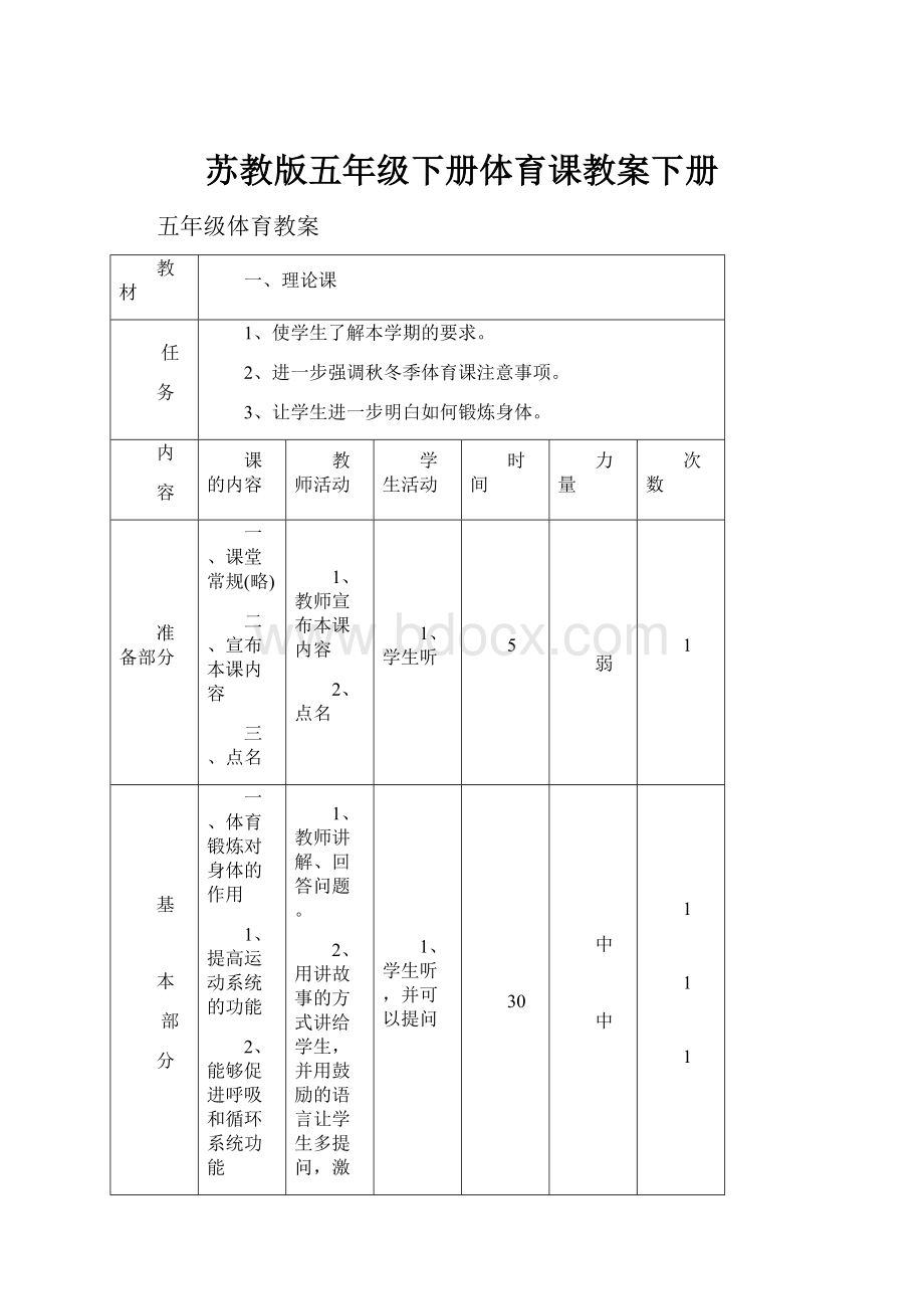 苏教版五年级下册体育课教案下册.docx_第1页