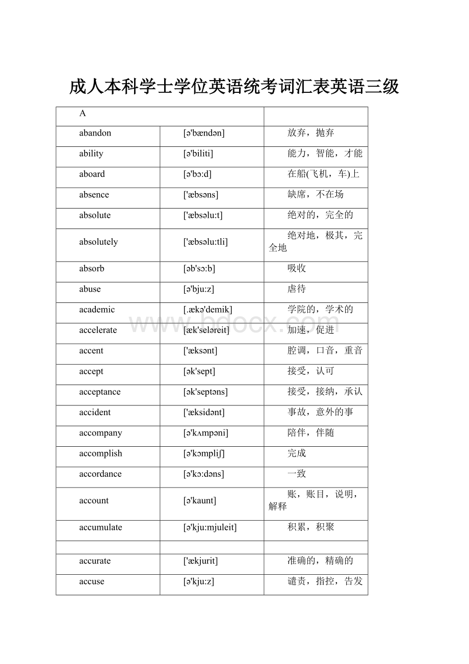 成人本科学士学位英语统考词汇表英语三级.docx_第1页